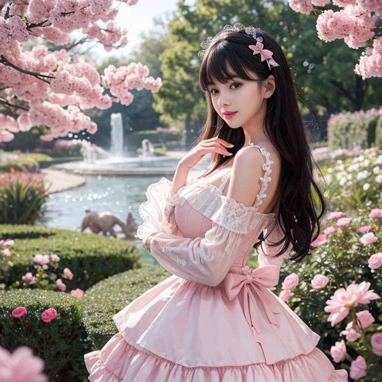 Side view,side angle, Bow tie at the back of the waist, There is a bow on the back,Sideways photo, Skirt length to calf, cupcake dress, Layered skirt with lace on each layer, Put on a lolita dress, layered dress, Pink Lolita dress, lots of lace, Long sleeve, Wide sleeves, Big Skirt, Layered lace skirt, Lace skirt,Puff sleeves, Wide sleeves, Transparent sleeves, intricate details showcase the ruffles and intricate designs of the Lolita dress, Wearing a lolita dress, in a sea of flowers, best quality, Delicate face,beautiful visual work, lifelike, eternity, black hair, Long curly hair, blunt bangs, Smile, Detailed Background, Delicate face,blush,cold,((masterpiece))、(top quality)、8k、high detail、Super detailed,41 years old,woman, masterpiece、born、Scenes resembling fairy tale illustrations、intricate details和複雜的設計、Beautifully、magic、capricious、 Beautifully、Dream aesthetics、「𝓡𝓸𝓶𝓪𝓷𝓽𝓲𝓬、ethereal、charming、fickle、magic」、realism、Visual effects、FXAA、SSAO、Shader、voiceless、ambient lighting、Tone mapping、High resolution、Ultra high quality、Million pixels、(8K resolution:1.10)、8k、8k以下、8K resolution、high detail、intricate details, (high quality:1.2、masterpiece:1.2、:1.21)、(41 years old,woman:1.21)、(興奮地Smile)、(Surrounded by a dreamy atmosphere、Model diagram,full-body shot,Normal 2 feet,Put your hands behind your back,Breast protrusion visible when wearing clothes, Large Breasts, H cup chest, pink dress, Don't show your fingers, full-body shot, full-body shot,full-body shot,full-body shot,full-body shot,full-body shot,full-body shot,full-body shot,Hands hidden in clothes, Hands hidden in clothes,Hands hidden in clothes,Hands hidden in clothes,Hands hidden in clothes,Hands hidden in clothes,Hands hidden in clothes,Hands hidden in clothes,Hands hidden in clothes, ,Hide your hands in your sleeves ,Hide your hands in your sleeves ,Hide your hands in your sleeves ,Hide your hands in your sleeves ,Hide your hands in your sleeves ,Hide your hands in your sleeves ,Hide your hands in your sleeves ,Hide your hands in your sleeves,skirt length to calf, full body photo,full body view,side view