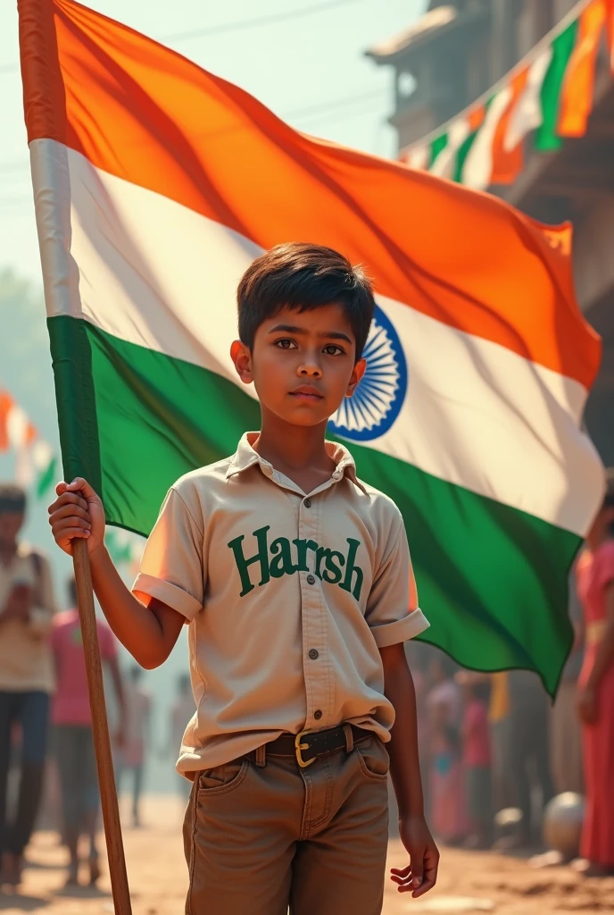 Make a picture, a boy holding Indian flag and on his clothes, Harsh is written and celebrating its 78th Independence Day