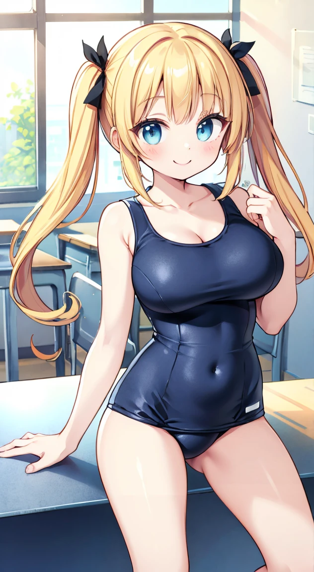 Highest quality,masterpiece,One person,Blonde,Twin tails,School Swimsuit,Large Breasts,smile,