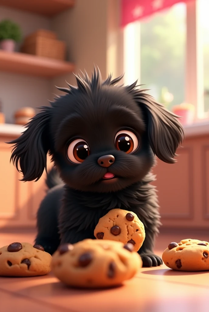 Create a 2d animated black Shih Tzu puppy eating cookies that is colorful to promote a cookie business 3D Pixar style