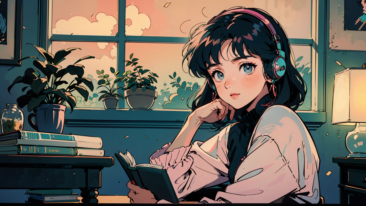 Nostalgic 80s anime style, young woman, 21 years old, sitting at desk in dimly lit bedroom. Soft moonlight filtering through window, creating midnight ambiance. Subject has cute, expressive face with large eyes, vibrant and stylized hair. She's looking directly at viewer with a gentle smile. Wearing oversized headphones, casually dressed in colorful 80s fashion. Reading a book, appearing relaxed and content. Room decorated with various colorful posters and trinkets, giving a cozy, lived-in feel. A single black cat curled up nearby, adding to the peaceful atmosphere. Style emphasizes vibrant color palette and soft, dreamy lighting characteristic of 80s anime aesthetics
