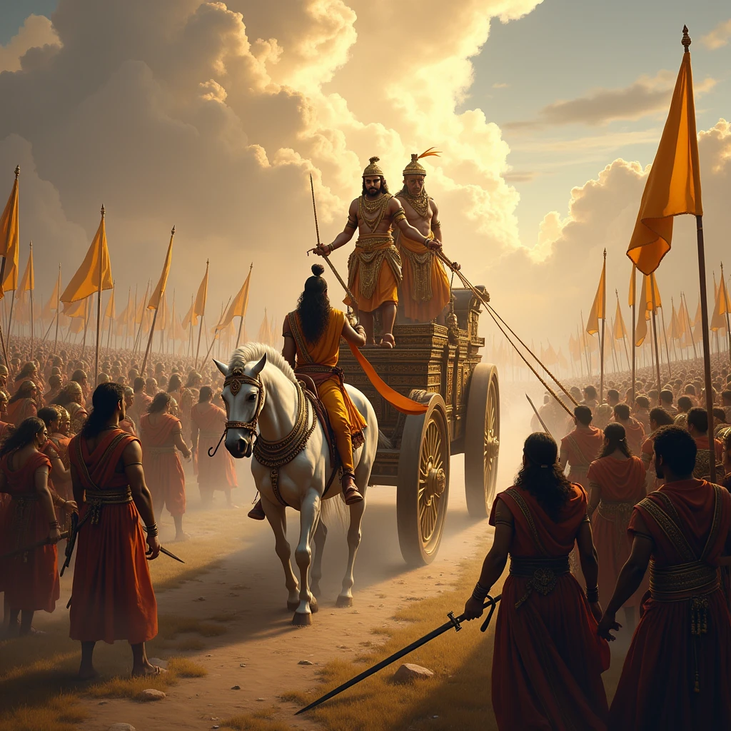 Create an image of the battlefield from the Mahabharata, where Krishna, referred to as Hrishikesha, is calmly guiding Arjuna’s majestic chariot to the center between the two massive armies. The chariot is grand and adorned with intricate details, drawn by white horses. Arjuna, known as Gudakesha, stands with determination as Krishna positions the chariot. Surrounding them, the vast armies of the Pandavas and Kauravas are arrayed on either side, with soldiers, banners, and weapons ready for battle. The scene should capture the tension and anticipation of the moment, emphasizing the central position of the chariot and the contrast between the calmness of Krishna and the intensity of Arjuna.