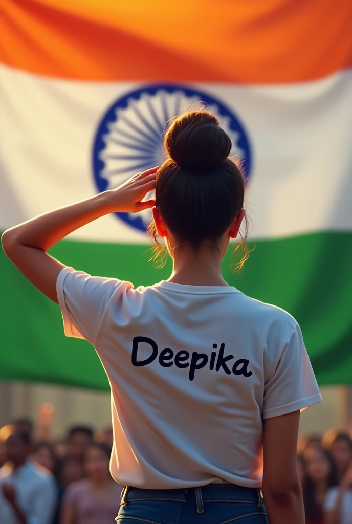 Make a image on independence day on behind a Indian flag and the character was salute to seen the flag and the Tshirt with a name of Deepika and the character is girl is salute 🫡 to seen a flag the back pose of girl and the Tshirt name is Deepika