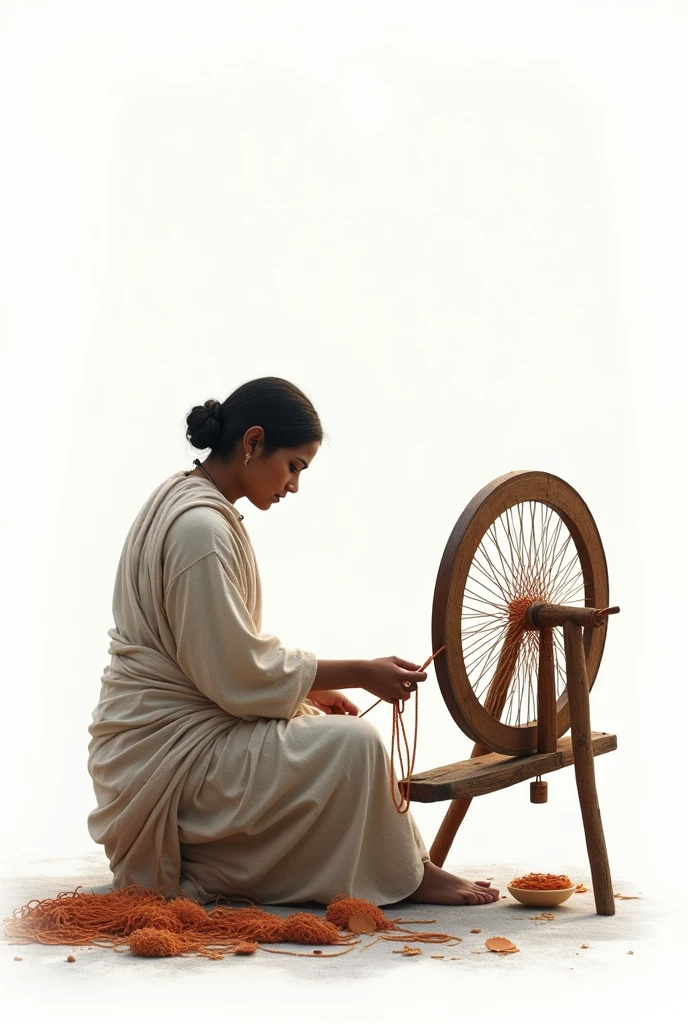 Single women making indian flag from thread using charkha . Process image in white baground