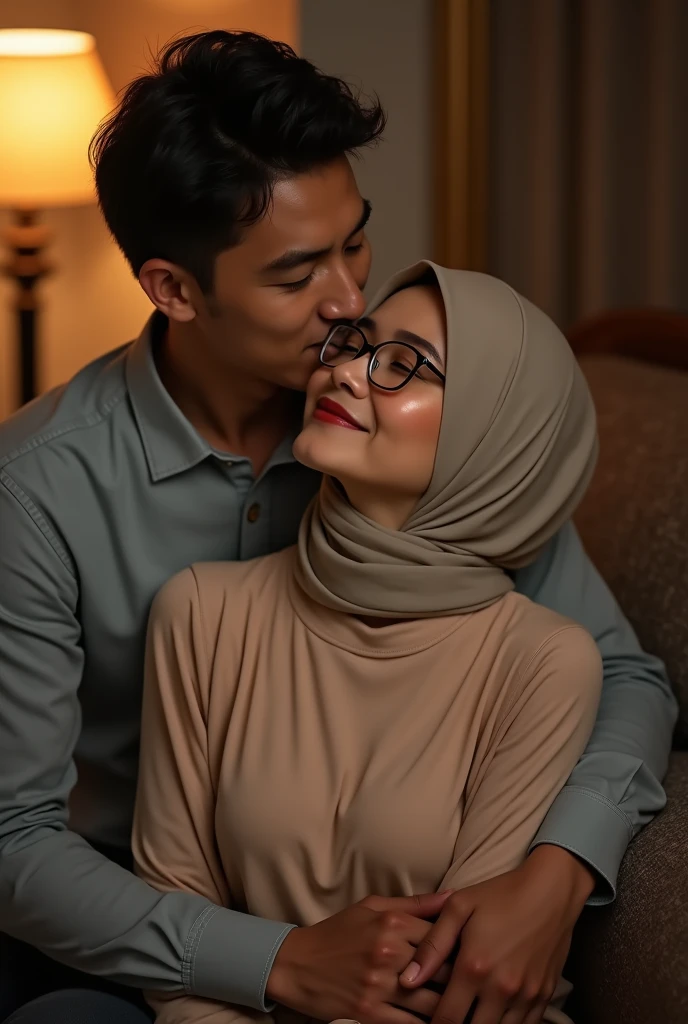 Wide top view,((best quality)), ((masterpiece)), (detailed), perfect face, malay woman wearing hijab, glasses,40 years, a Man 30 year, women naked,(toplezs, nude), (Droopiest Breast)), (realistic skin texture), POV shot, anatomical correction, realistic titjob positioning,((Realistic Ultra vagina)), anatomical correction, Capture the essence of romance and nostalgia as they stand together, man kissing woman shoulder, man hugging woman from behind, man grabbing woman breast from behind, facing camera,ultra detail, professional photograph with professional lighting, smile, slim,real, background living room 