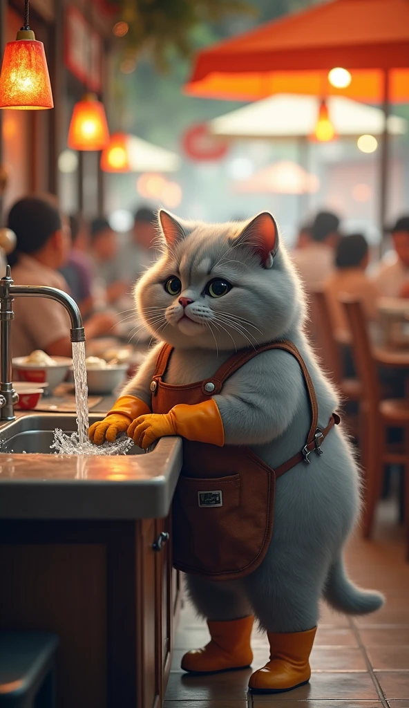 A cute grey, chubby cat with thick, fluffy fur is washing dishes in a lively Indonesian restaurant. The cat stands in front of a sink with water flowing from the faucet, with a bucket placed underneath. The cat is dressed in rubber gloves, boots, and an apron, looking adorably determined as it goes about its task amidst the bustling, crowded atmosphere of the restaurant.