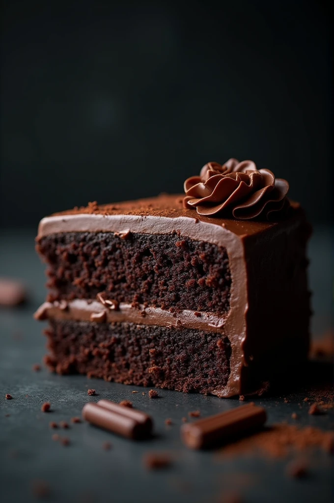cinematic film still chocolate, chocolate cake, dark background, quality photo, moist texture, frosting, studio photo, slice . shallow depth of field, vignette, highly detailed, high budget, bokeh, cinemascope, moody, epic, gorgeous, film grain, grainy