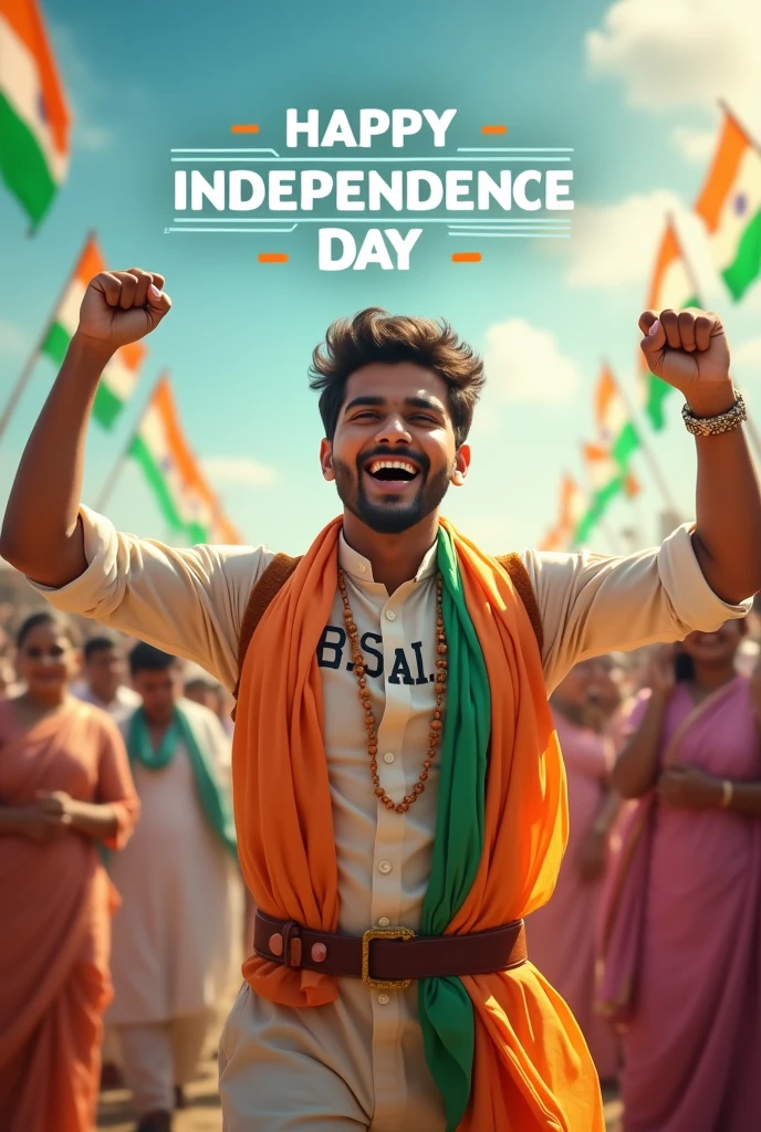 Generate a real-life image of a 20-Year-old (boy) joyfully celebrating Indian Independence Day. The individual is dressed in traditional Indian attire with the name 'B.Sai' prominently displayed on their clothing. The sky above them features the words 'Happy Independence Day' in a bold font. The background is alive with a crowd of people celebrating, creating a vibrant and patriotic atmosphere."