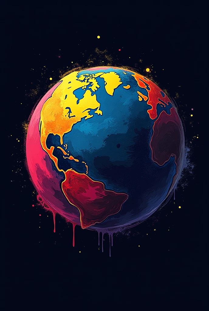 Abstract logo of planet earth with the continents formed with cyan colors, magenta,  yellow and black and spilled paint designs. Dark background.
