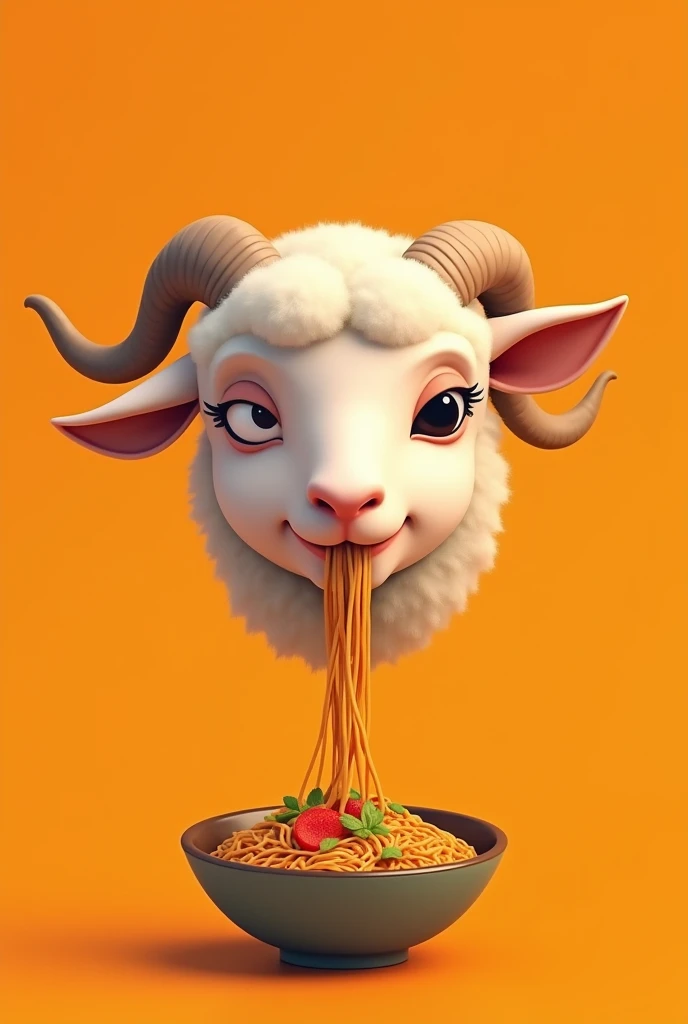 floating lamb head logo, facing slightly to the left, with horns, with one eye open and one eye closed, eating ramen, on orange background