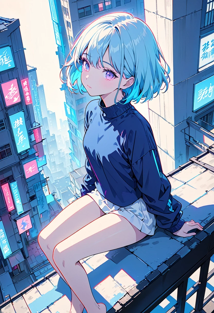 masterpiece,Highest quality,1 Synthwave style girl,Blue outline,Neon lit street,Blue fluorescent paint,alone,From above,Cowboy Shot,Sitting on the roof of a building,Highly detailed CG,Flat Color,Limited edition palette,No Line Art,silhouette,Partially colored,Alternative color,Dynamic Angle,Blue long top champagne,Purple Shadow,Synthwave,chromatic aberration,(alone focus),Perfect Shadow,Completely ,Delicate face,,Beautiful and delicate eyes,Light blue hair,Short Bob Hair,Delicate background,Blue Neon Light,