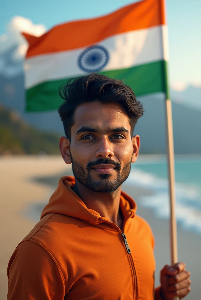 Name "Adrush gowda" shouls be highlighted with the background beach and mountains with indian flag