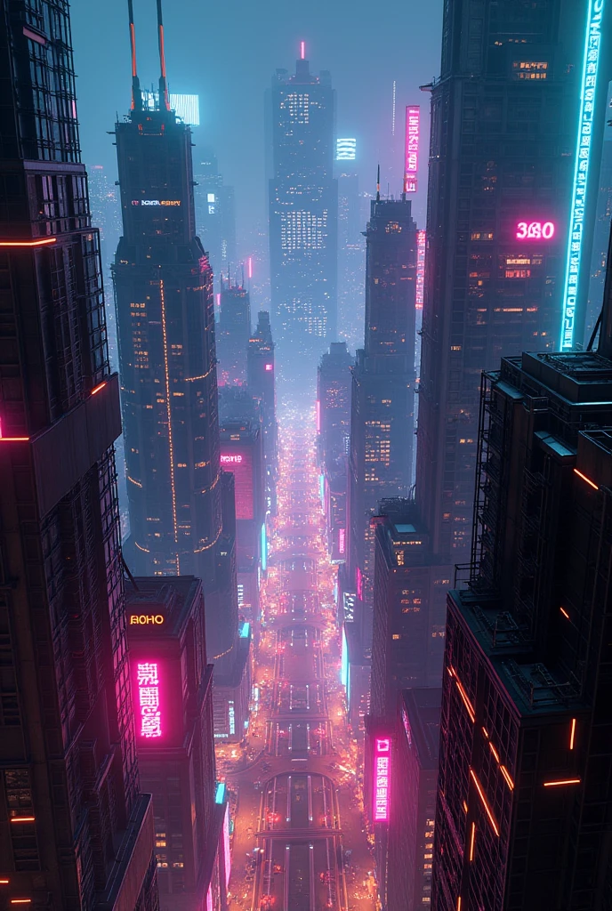 A cyberpunk city from the air.
Highlight the neon and make it nighttime.
Emphasize the neon along the buildings.