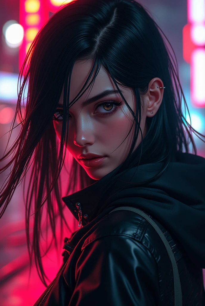 Size 1242x2688 pixels,Anime & Western Comics Series,3D Model。A female warrior with long black straight hair,Original style,Cinematic Lighting。Cyberpunk light,close-up view,Ultra High Definition 4k8k,webp