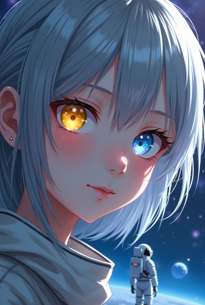 (Close-up of a better masterpiece:1.5)0.9], (Space and astronauts:1.2) (Messy silver hair:1.1) (Heterochromia xanthochromia and blue eyes:1.2) (Colored stars in the eyes:1.0) (A radiant glow:1.1) (thick lips:0.9) anime girl 