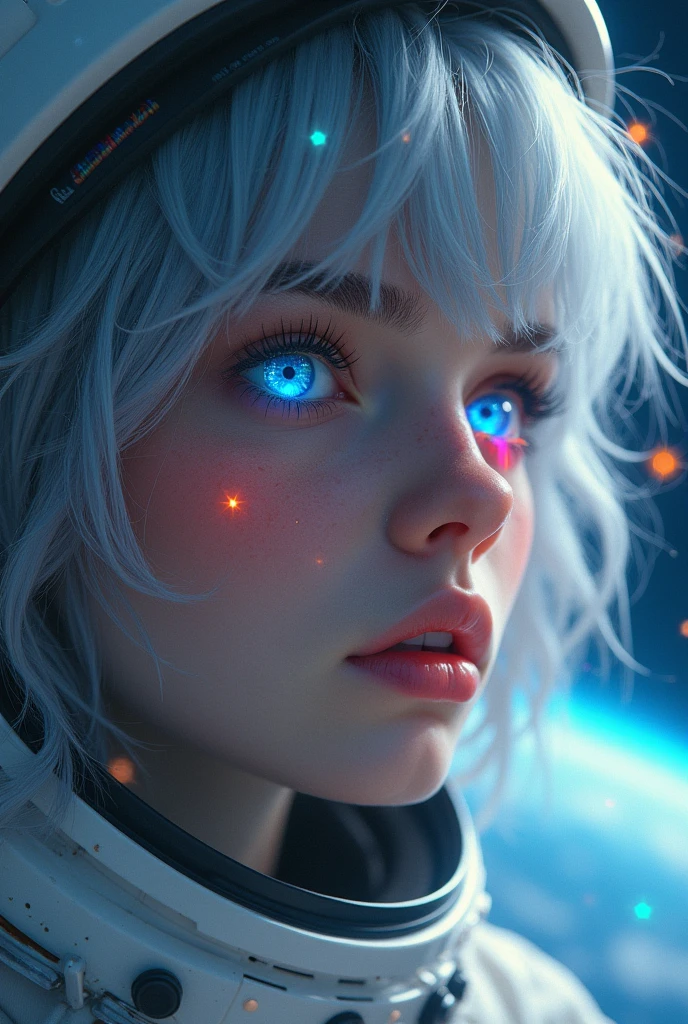 (Close-up of a better masterpiece:1.5)0.9], (Space and astronauts:1.2) (Messy silver hair:1.1) (Heterochromia xanthochromia and blue eyes:1.2) (Space Helmet:1.0) (Colored stars in the eyes:1.0) (A radiant glow:1.1) (thick lips:0.9)