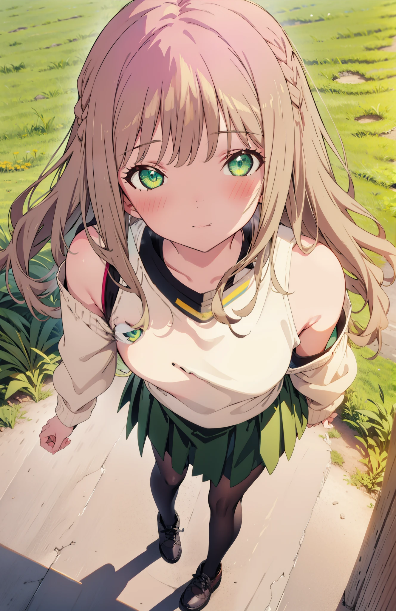 minami yume ,sss Dynazenon ,length, Thick braids, Brown Hair, smile,blush,(Green Eyes:1.5) ,Mid-chest,hair band,One-shoulder sweater,length skirt,Black Pantyhose,short boots,walk,Daytime,sunny,whole bodyがイラストに入るように,
break looking at viewer, whole body,
break outdoors, construction area,
break (masterpiece:1.2), Highest quality, High resolution, unity 8k wallpaper, (shape:0.8), (Beautiful and beautiful eyes:1.6), Highly detailed face, Perfect lighting, Highly detailed CG, (Perfect hands, Perfect Anatomy),