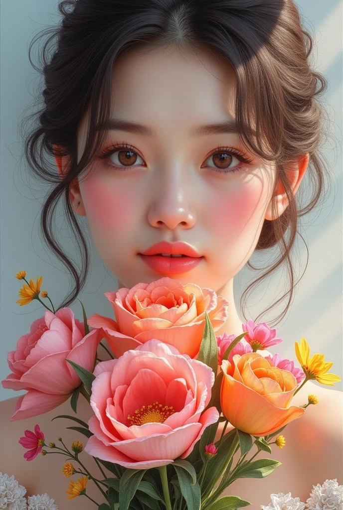 (masterpiece, best quality:1.2), solo, A stunning portrait close-up of a lady holding a bouquet of vibrant flowers, her kind and beautiful eyes gazing directly at the viewer. Rendered in exquisite detail with Schneider pastel inks, the soft and delicate strokes bring the image to life. The pastel colors add a touch of softness and the overall effect is simply breathtaking.