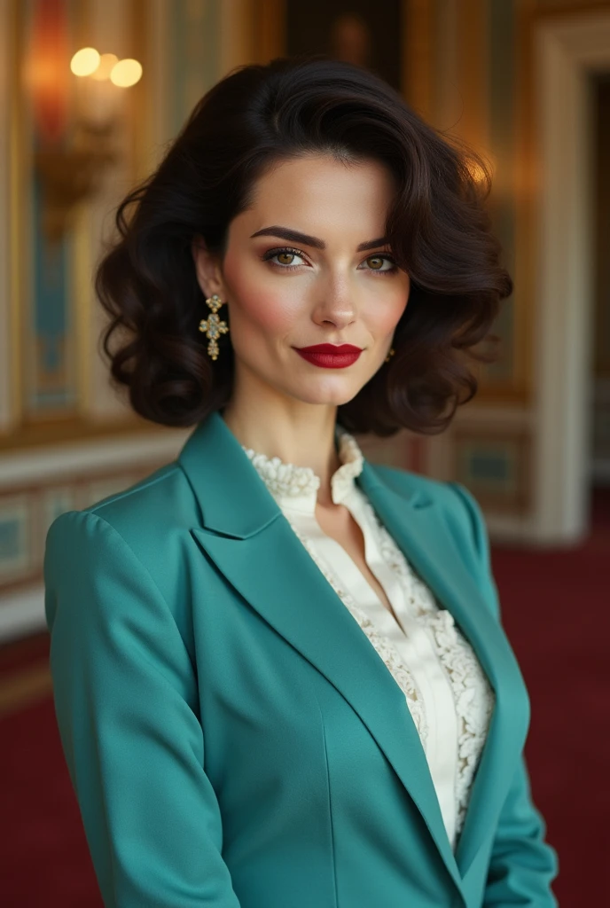 Irene Adler,Brown black hair,Realistic style,Photography,Half short hair,curls,Brown eyes,Citrine earrings,Serious,modernization,Healthy body shape,august,37 years old,White,Teal skirt suit,Close your mouth,Red lips,In Buckingham Palace,Royal clothes,White skin