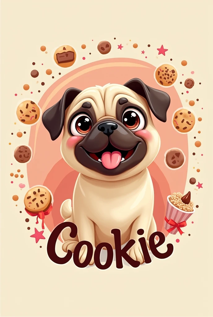 Create a 2D animated logo with a female pug dog that is colorful to promote a cookie business.