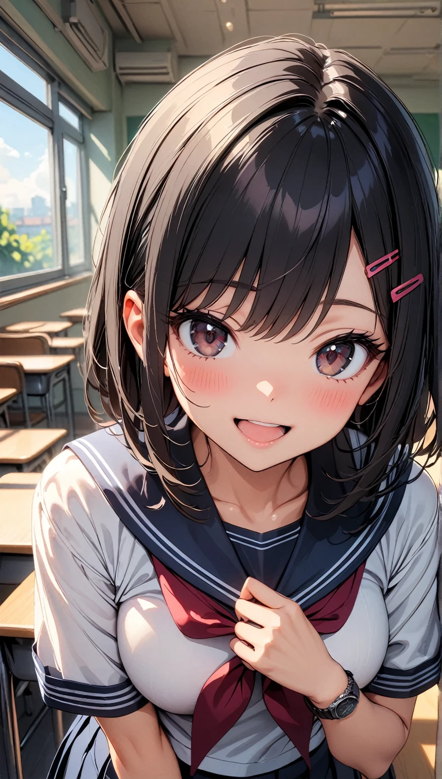 Photo of, 1 person, Black Hair, Shortcuts, Hair Clip,Watch viewers embarrassedly, School uniforms, Sailor suit, classroom,Window:1.2, blush, (Coffee cup in hand):1.4, smile, Open your mouth a little, Light and shadow with attention to detail, Background Blur:1.2, Shallow depth of field, (Highest quality:1.2, 4K, 8k, Very detailed, Attention to detail, masterpiece:1.2, Best aesthetics),