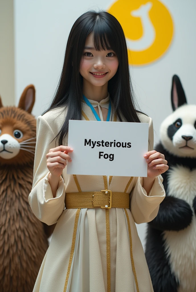 ((Cute cat, dog, monkey, pheasant, raccoon, panda, parakeet, and rabbit holding up a sign that says Mysterious Fog:1.3)), 28 years old. long, straight black hair, Slim face, Very thin and pale skin. She is wearing a beautiful Dior-style white light tweed dress with gold accents. On Stage "Rocket Launcher", She is wearing a gorgeous dress with a blue strap around her neck、 ((Giant Rocket Launcher:1.3)). She smiles as she speaks to the audience. Behind her、There is a white wall with a yellow Sea Art logo。. She has a good style. There seems to be an interesting and intelligent thought in her eyes. Her knowledge of AI technology to people from all walks of life々And her overall aura suggests that、Confidence and determination ooze from her。. That's how Sea Art speaks. She points ((Rocket Launcher:1.3))、 Cute cat, dog, monkey, pheasant, raccoon, panda, parakeet, and in front of the rabbit audience.The audience are all Cute cat, dog, monkey, pheasant, raccoon, panda, parakeet, and rabbit animals.。