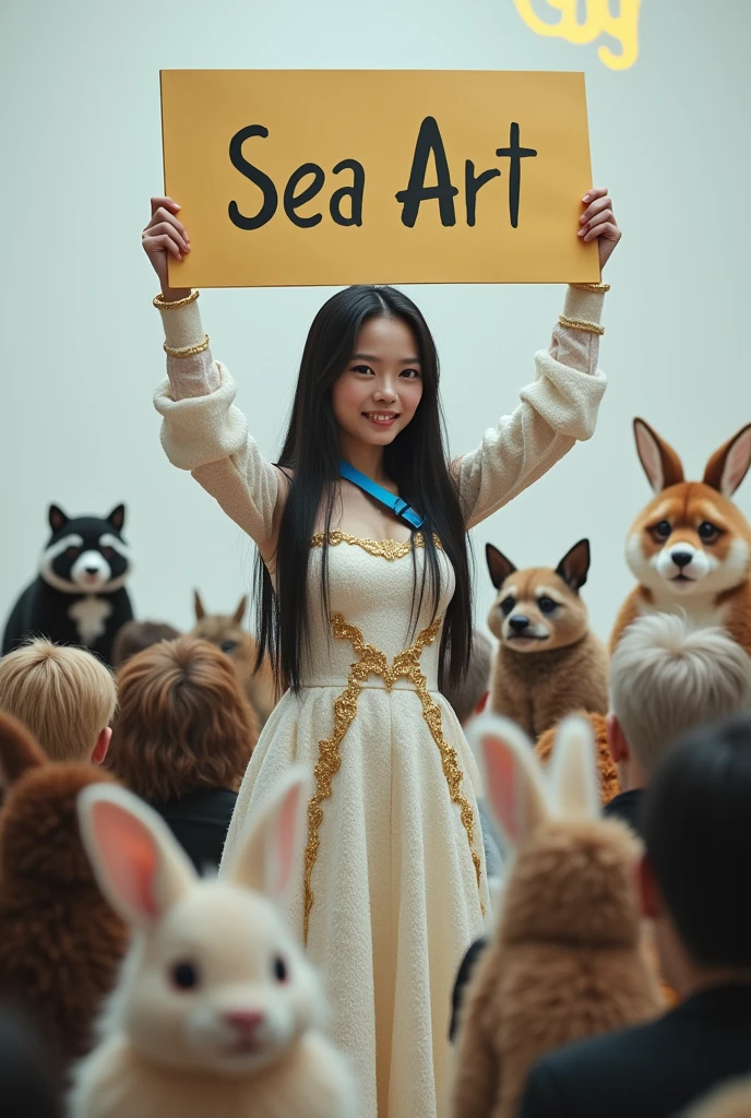 ((Cute cat, dog, ey, pheasant, raccoon, panda, parakeet, and rabbit holding up a sign that says Mysterious Fog:1.3)), 28 years old. long, straight black hair, Slim face, Very thin and pale skin. She is wearing a beautiful Dior-style white light tweed dress with gold accents. On Stage "Rocket Launcher", She is wearing a gorgeous dress with a blue strap around her neck、 ((Giant Rocket Launcher:1.3)). She smiles as she speaks to the audience. Behind her、There is a white wall with a yellow Sea Art logo。. She has a good style. There seems to be an interesting and intelligent thought in her eyes. Her knowledge of AI technology to people from all walks of life々And her overall aura suggests that、Confidence and determination ooze from her。. That's how Sea Art speaks. She points ((Rocket Launcher:1.3))、 Cute cat, dog, monkpheasant, raccoon, panda, parakeet, and in front of the rabbit audience.The audience are all Cute cat, dog, monkey, sant, raccoon, panda, parakeet, and rabbit animals.。