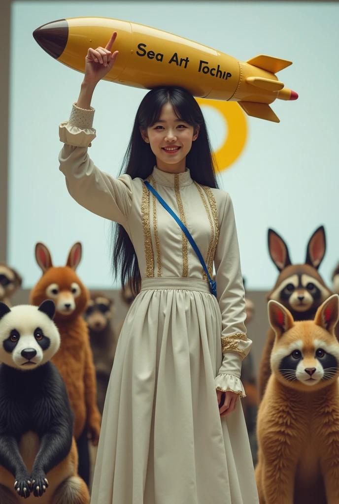 ((Cute cat, dog, monkey, pheasant, raccoon, panda, parakeet, and rabbit holding up a sign that says Mysterious Fog:1.3)), 28 years old. long, straight black hair, Slim face, Very thin and pale skin. She is wearing a beautiful Dior-style white light tweed dress with gold accents. On Stage "Rocket Launcher", She is wearing a gorgeous dress with a blue strap around her neck、 ((Giant Rocket Launcher:1.3)). She smiles as she speaks to the audience. Behind her、There is a white wall with a yellow Sea Art logo。. She has a good style. There seems to be an interesting and intelligent thought in her eyes. Her knowledge of AI technology to people from all walks of life々And her overall aura suggests that、Confidence and determination ooze from her。. That's how Sea Art speaks. She points ((Rocket Launcher:1.3))、 Cute cat, dog, monkey, pheasant, raccoon, panda, parakeet, and in front of the rabbit audience.The audience are all Cute cat, dog, monkey, pheasant, raccoon, panda, parakeet, and rabbit animals.。