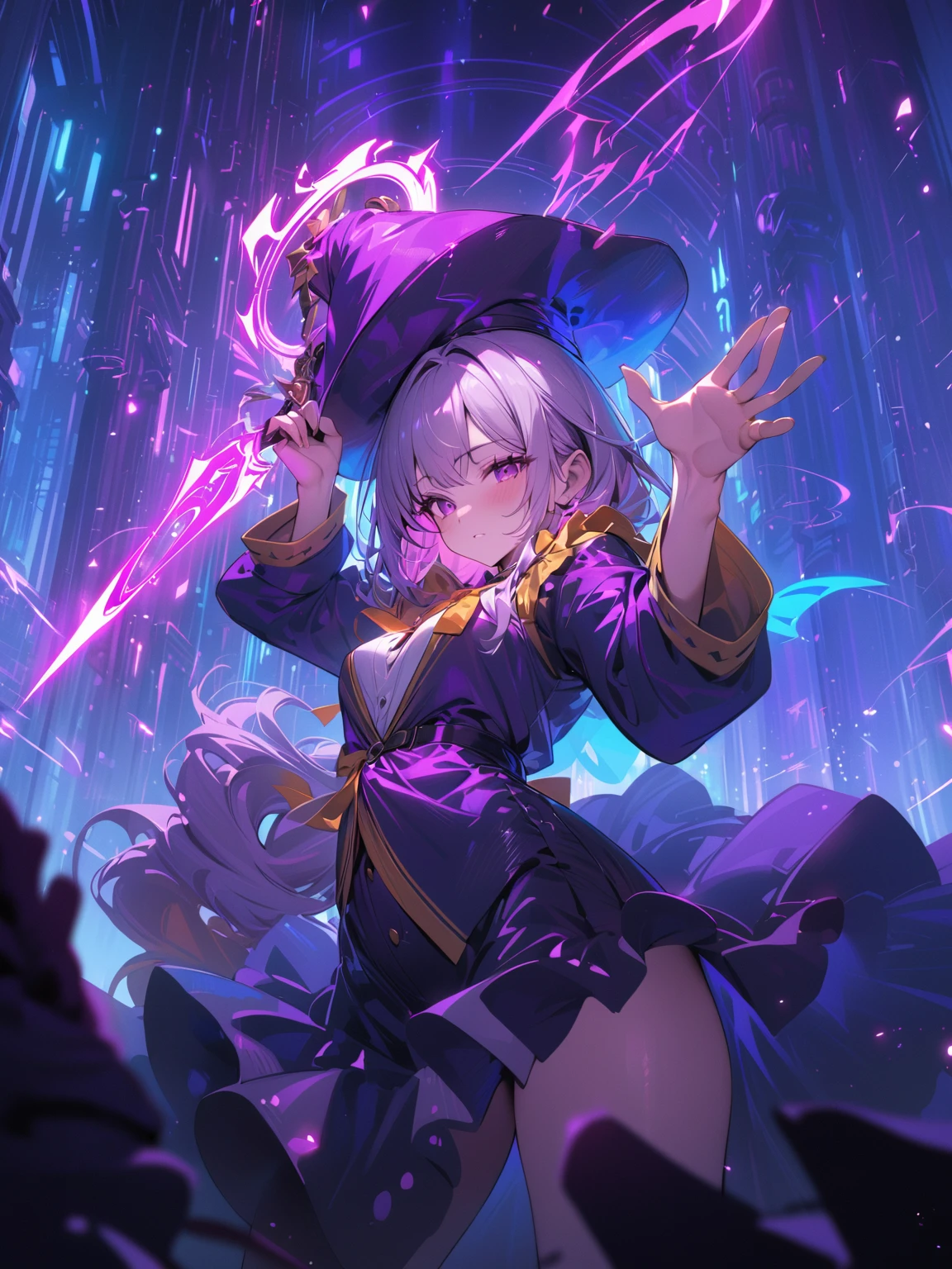((best quality)) , ((masterpiece)) , (detailed),A wizard holds a wand,Purple light radiates