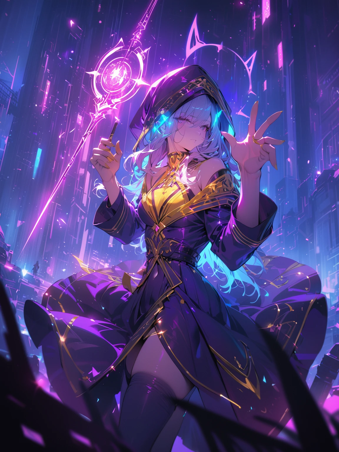 ((best quality)) , ((masterpiece)) , (detailed)，A wizard holds a wand，Purple light radiates