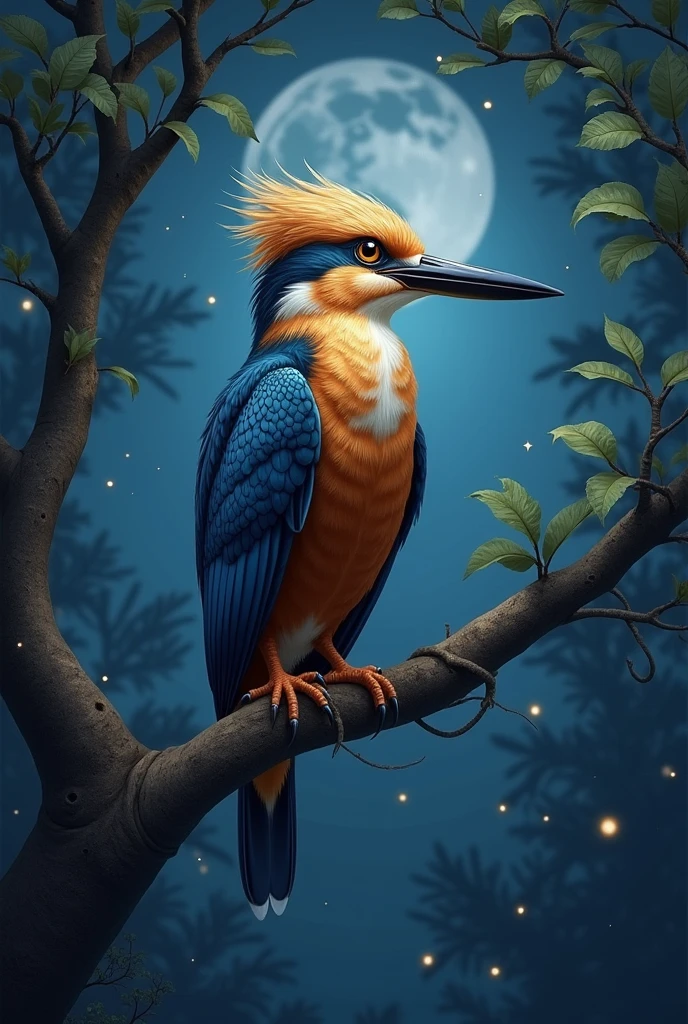 Generate me a picture of a kingfish bird perched on a tree branch at night