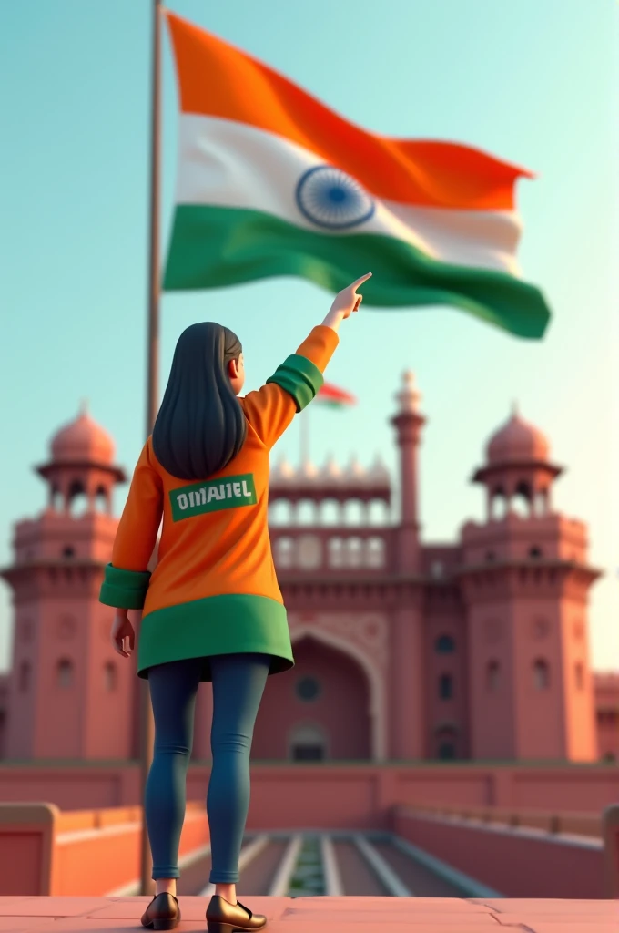 In front of the Red Fort, a large Indian flag is prominently displayed. A Woman is standing and saluting towards the flag, wearing a jacket with the name 'Varsha' written on it. Nearby, the words 'Happy Independence Day' are clearly visible, creating a patriotic and powerful 3D scene