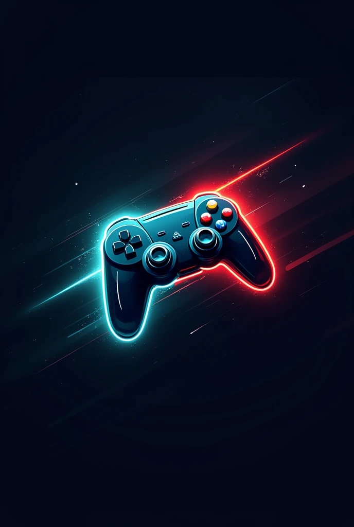 Design a unique gaming logo using blue and red colors with a sci-fi theme. The logo should feature dynamic, abstract elements that convey energy and excitement, incorporating futuristic and high-tech elements. Include symbols related to gaming, such as a game controller or joystick, but avoid faces or animals. The style should be modern and sleek, with bold lines and striking contrasts to create a memorable and impactful logo." It must be illustrated  and like a raging , angry type , the color of the logo is blue , and some dark green, little bit of lighting 