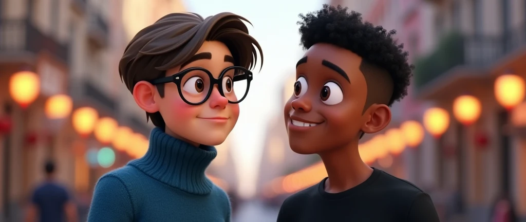 (two characters) of male animated film in the Disney Pixar style, high qualiy, best qualityer , black wool sweater blue shirt , Wear nerd glasses,  , long hair , another character,  beautiful face brown skin, short black curly hair , beautiful eyebrow , wears black shirt , two boys are talking together , are in the city, 2 friendly characters