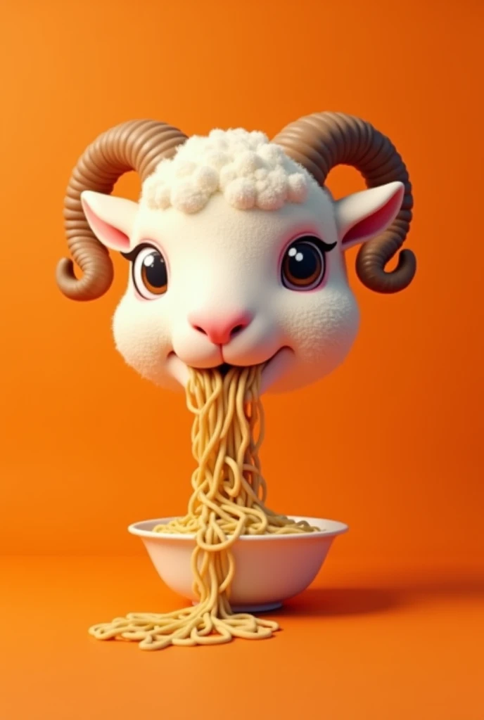 floating lamb head logo, facing slightly to the left, with horns, with one eye open and one eye closed, eating ramen, on orange background