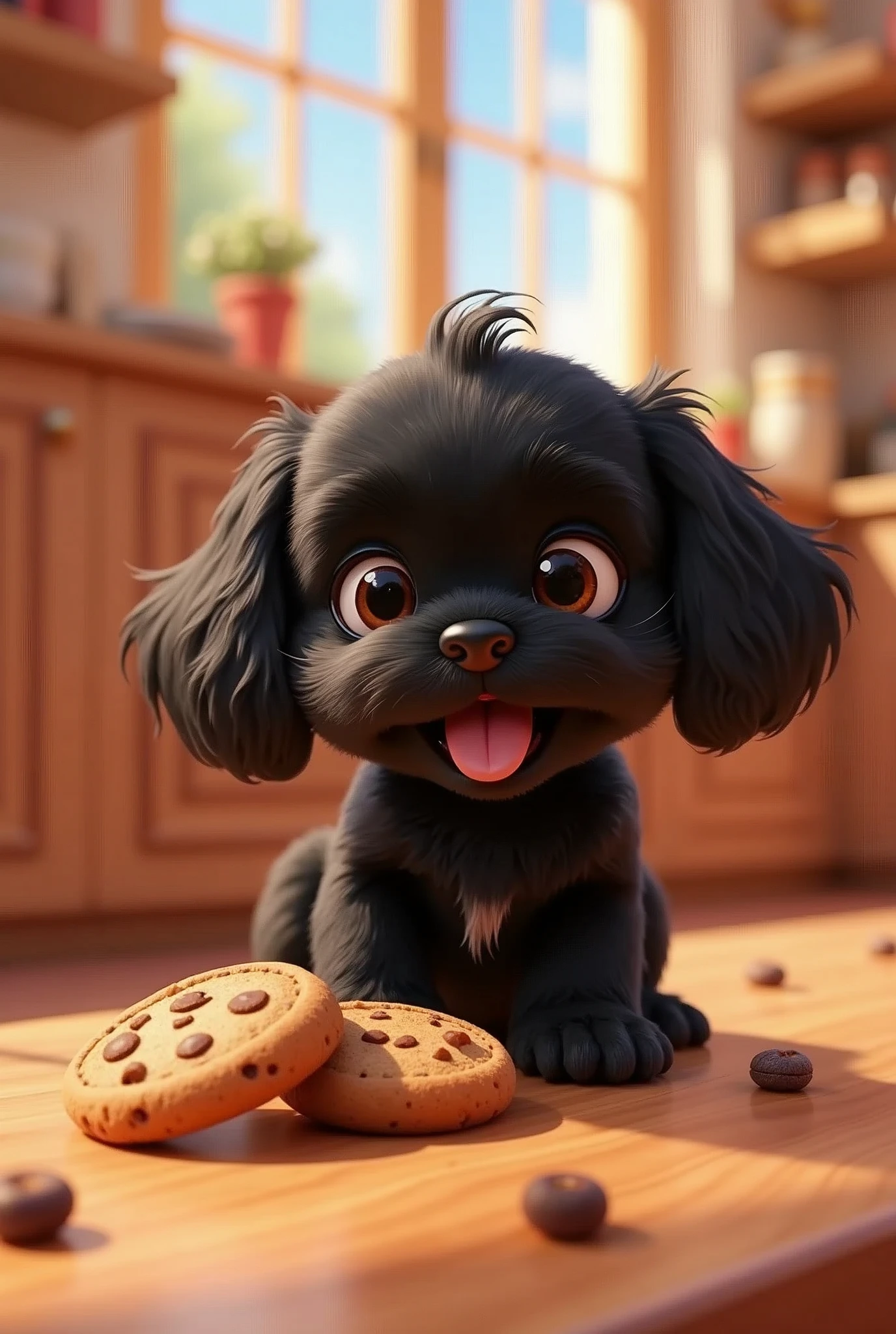 Create a 2d animated black Shih Tzu puppy eating cookies that is colorful to promote a cookie business 3D Pixar style