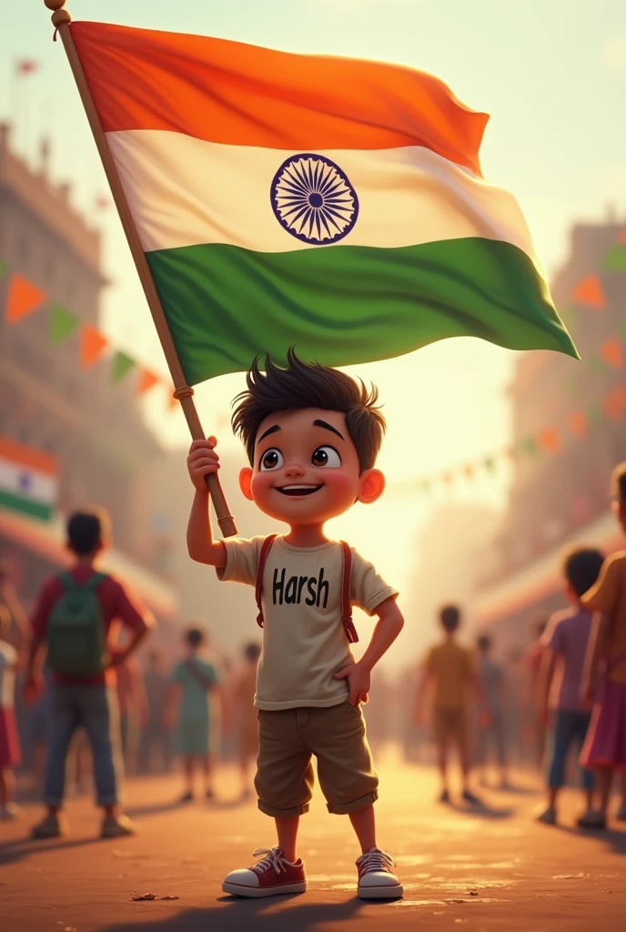 Make a picture, a boy holding Indian flag and on his clothes, back side Harsh is written and celebrating its 78th Independence Day