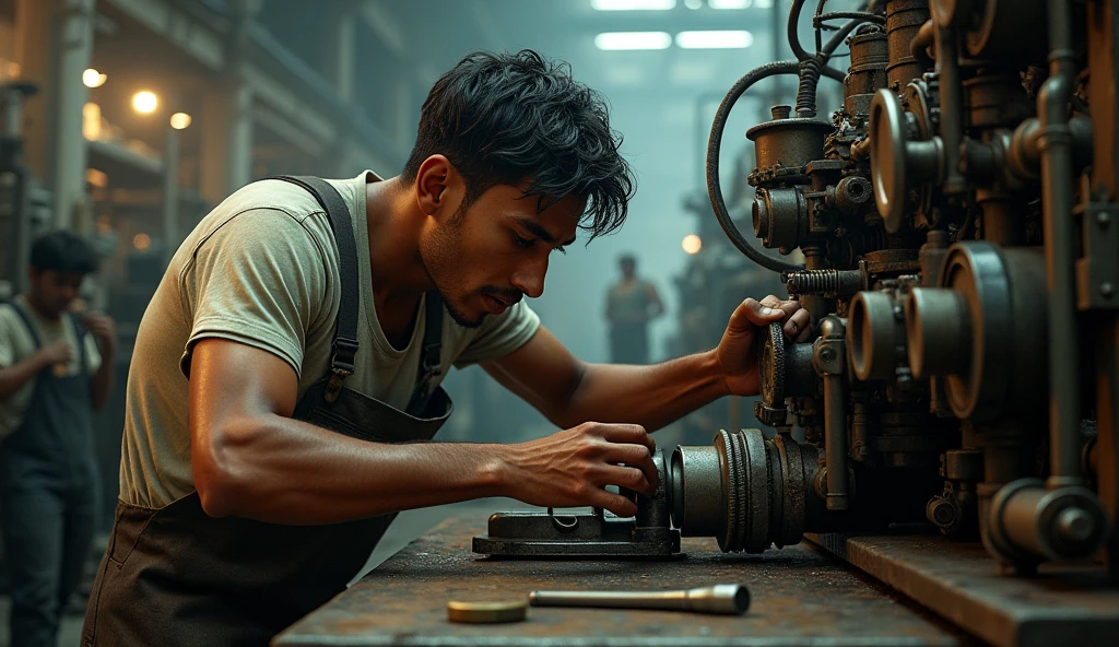 A 22-year-old man working in an Indian factory And Bo is improving the engine

