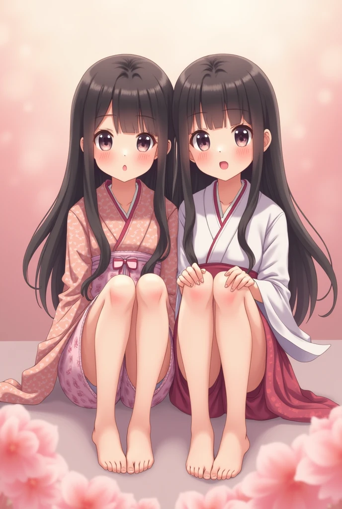 2 Japanese girls seating on legs and open mouth ,pink texture on his chikes