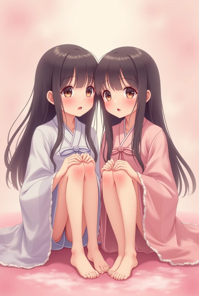 2 Japanese girls seating on legs and open mouth ,pink texture on his chikes