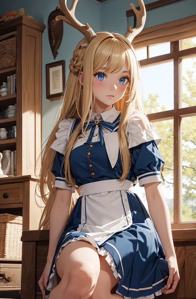 Girl. Fawn. Hooved feet. Long blonde hair. Deer Antlers emerging from head. Blue eyes. Maids outfit. Short skirt. .