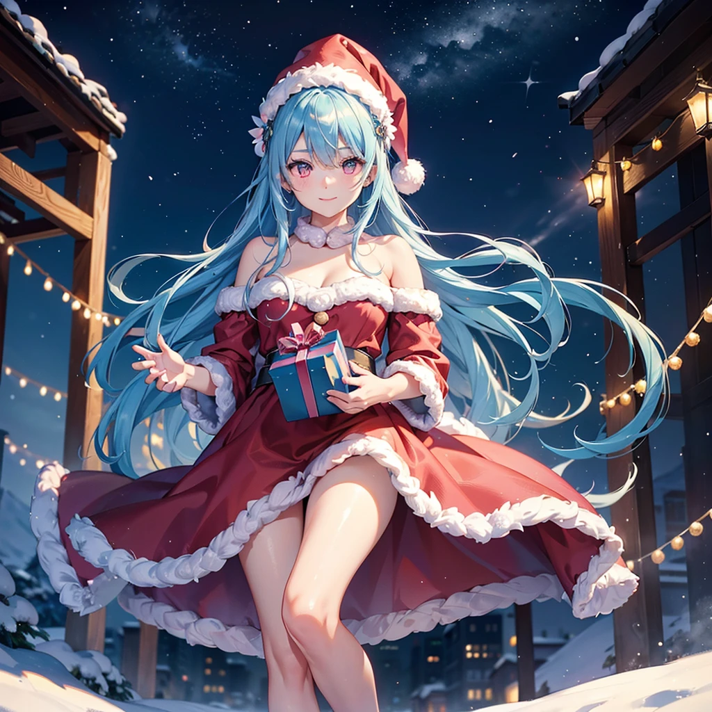 (Sky blue hair tied in a single strand),(Pink Eyes),Fair Skin,Full Body,Alone,smile,Santa Claus Clothes,Giant Christmas Tree in the Background,Snowy Night,Sparkling Night Sky,gift box,(Masterpiece, Top Quality, Very Detailed), Best Shadows,Detailed Background,Beautifully Detailed Face,High Contrast,Best Lighting, Very Delicate and Beautiful,Cinematic Light,Hyper Detail,8k,Dramatic Light,Exquisite Detail,