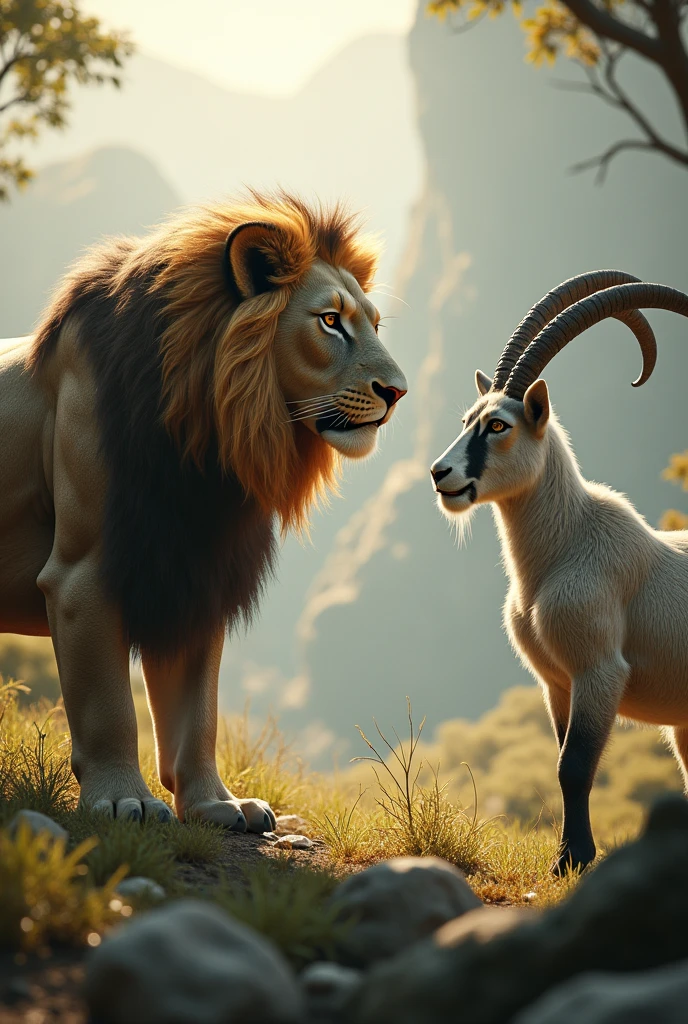 personality: [Illustrate a tense moment where the goat proposes a deal to the lion. Capture the lion's skeptical expression as he weighs the goat's words, his brow furrowed and body tense, while the goat shows a hint of hopefulness with eyes wide and a slight tilt of the head, standing partially sideways as if ready to sprint away]unreal engine, hyper real --q 2 --v 5.2 --ar 16:9