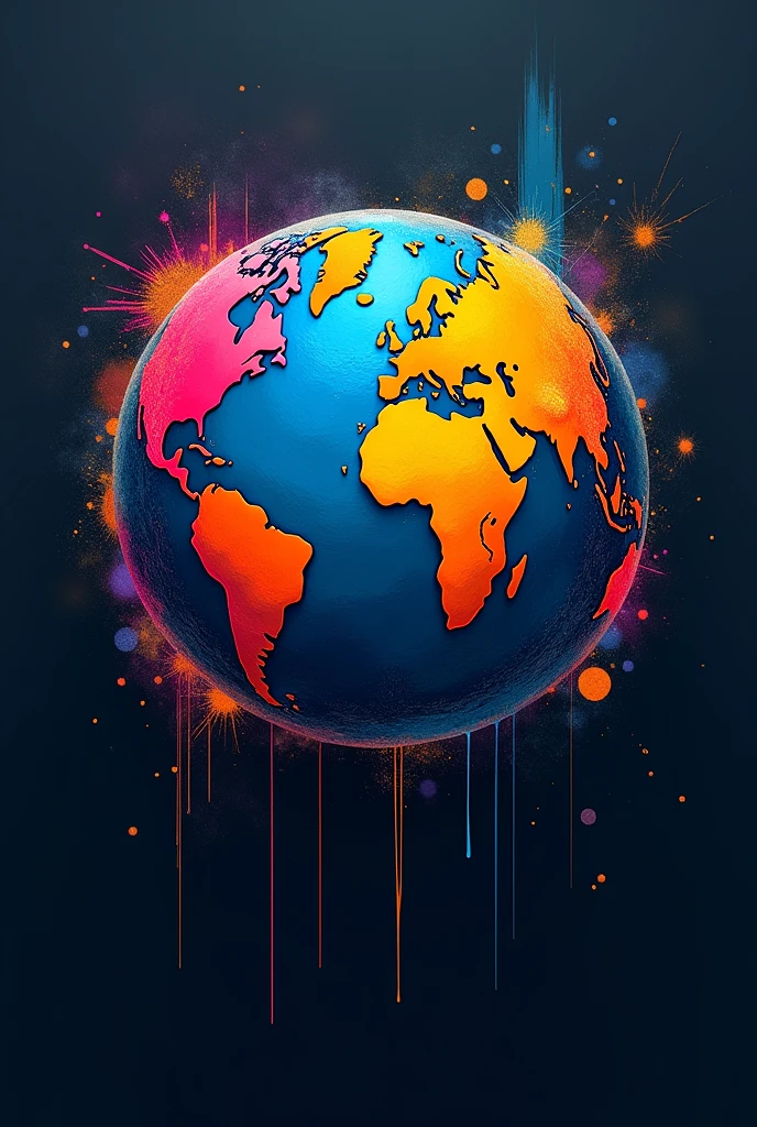 Abstract logo of planet earth with the continents formed with cyan colors, magenta, yellow and black and spilled paint designs. Dark background.