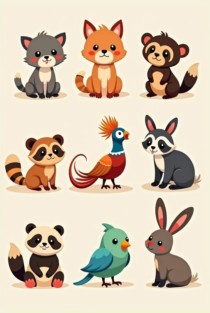 Cute cat, dog, monkey, pheasant, raccoon, panda, parakeet, and rabbit