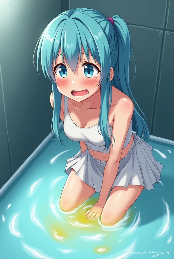 Peeing self, Have to pee, Anime, looking at camera, embarrassed, blush, peeing, yellow pee, tears, crying, out of breath, sweating, blue eyes, cyan hair, one girl, Eirika fe, white skirt, a spot of yellow urine in the pool, а spot of yellow urine in the pool water, yellow urine flows from the perineum