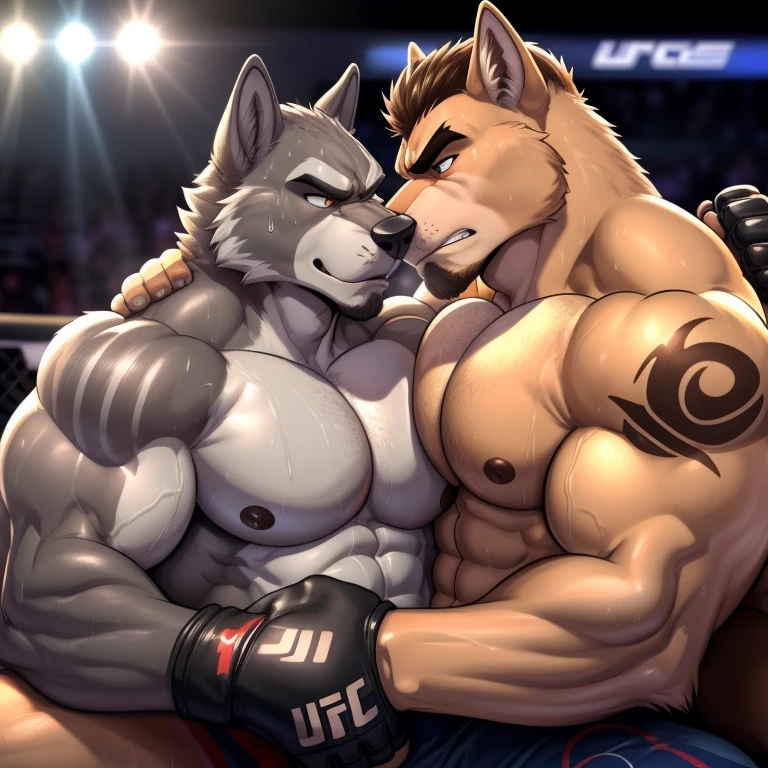 Duo male(Brown Wolf vs Gray Wolf), handsomes(handsome hairstyle, Thick eyebrows, detailed face), gay(Lying down, cuddling embraced, body with body, face to face, on a UFC match), hot(Shirtless), handsomes(They are handsomes, correct anatomy), musculosos(Big muscle bodies, Six packs, muscle abs, big pecs), sweaty(very sweaty wet bodies, shiny sweat), tatuajes(they have tattoos), grumpy(Both have an grumpy expression, grumpy teeths, steaming breath), UFC gloves(They both are wearing UFC gloves), Hight resolution, by(Zourik:1.1)