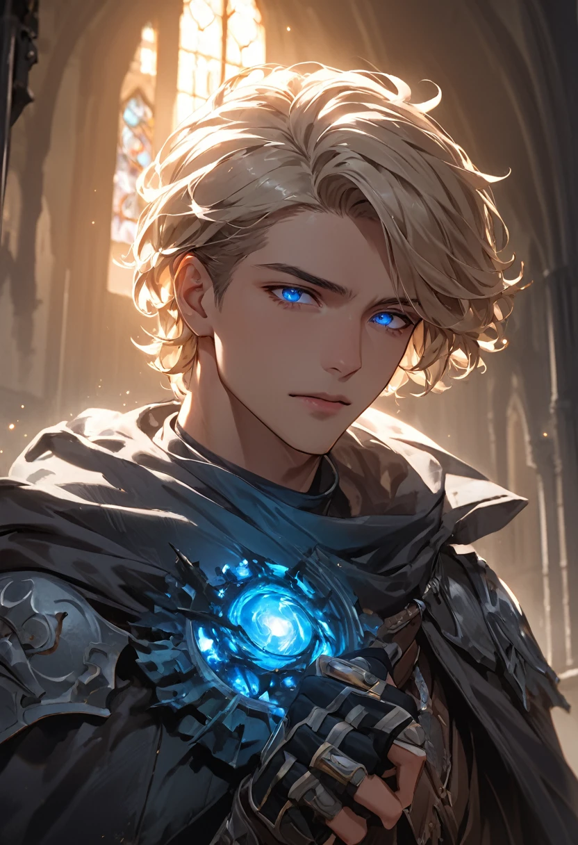 masterpiece, expressive eyes, perfect face, best quality, 1boy, male focus, solo focus, Adult, Fighter, Echo Knight, light blue eyes, tanned skin, cropped hair, clean hair, wavy hair, ash blonde hair, Hunter, Celestial, Church belfry, fingerless gloves, bloodborne, glowing blue eyes
