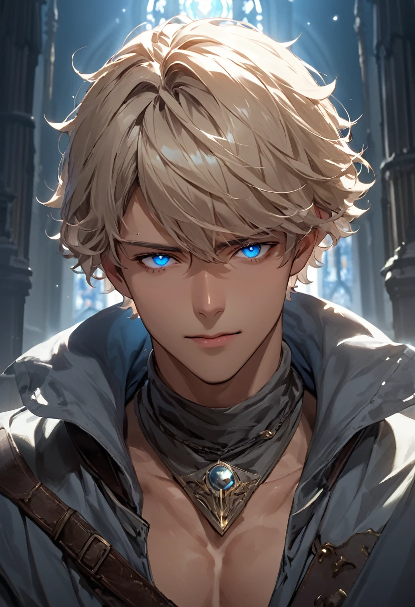 masterpiece, expressive eyes, perfect face, best quality, 1boy, male focus, solo focus, Adult, Fighter, Echo Knight, light blue eyes, tanned skin, cropped hair, clean hair, wavy hair, ash blonde hair, Hunter, Celestial, Church belfry, fingerless gloves, bloodborne, glowing blue eyes
