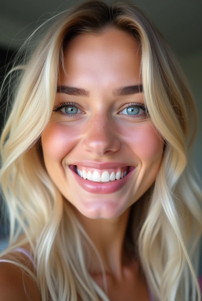 //Character, Attractiveyoung influencer, 24, blond, blue eyes and full lips, realistic, high-quality capture, Nikon D850, nikkor 70-200mm f/2.8E lens, ISO 64, f/3.5, 1/1500s, Selfie, profile pic, Funny, Laugh, Happy